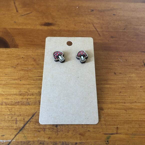 Hand Painted Red Mushroom Stud Earrings Hypoallergenic Lightweight Posts - Picture 1 of 5